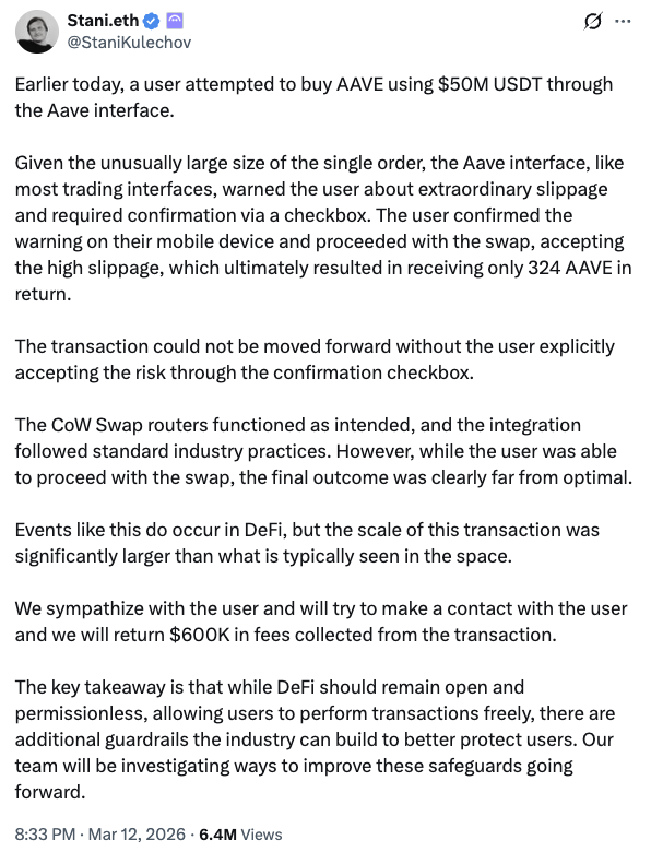 Aave post by Stani on X